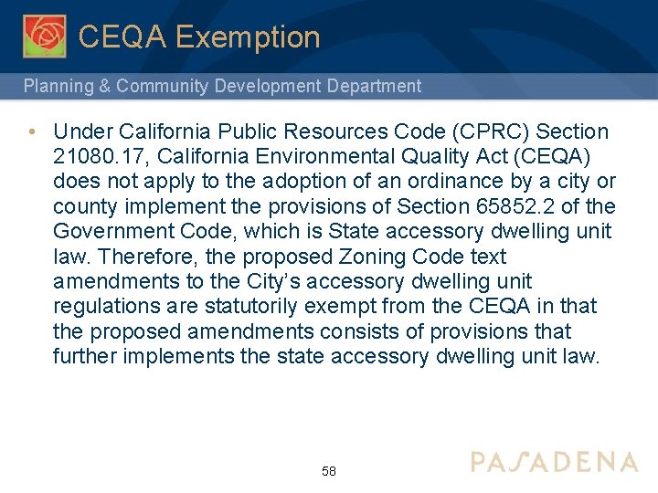 CEQA Exemption Planning & Community Development Department • Under California Public Resources Code (CPRC)