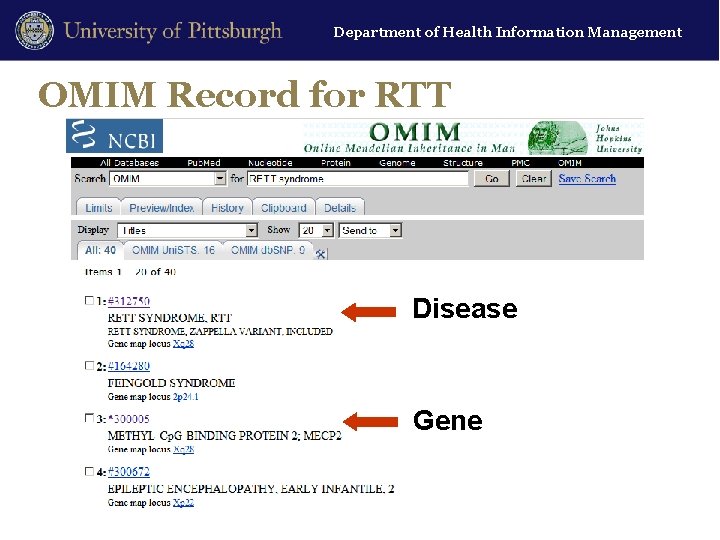 Department of Health Information Management OMIM Record for RTT Disease Gene 