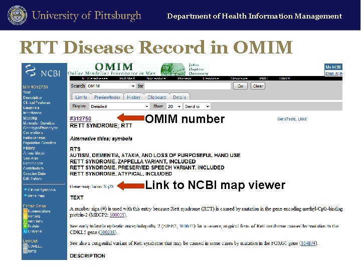 Department of Health Information Management RTT Disease Record in OMIM number Link to NCBI