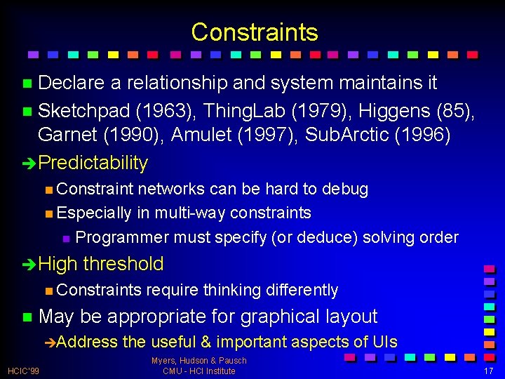 Constraints n Declare a relationship and system maintains it n Sketchpad (1963), Thing. Lab