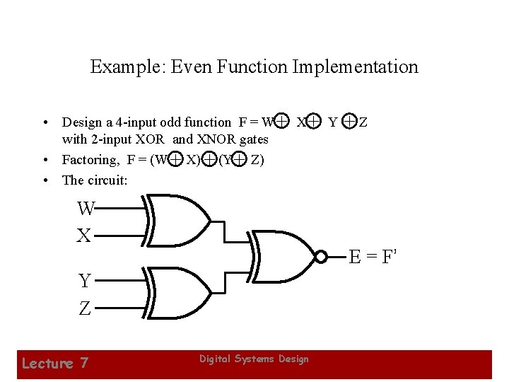 Example: Even Function Implementation • Design a 4 -input odd function F = W