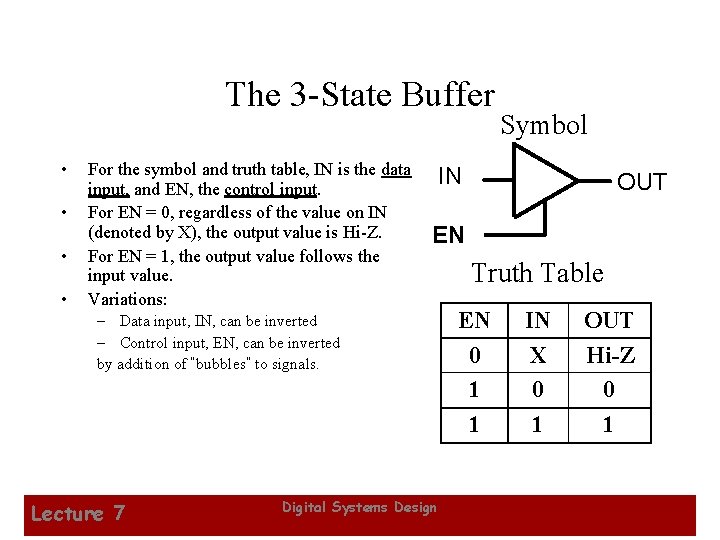 The 3 -State Buffer • • For the symbol and truth table, IN is