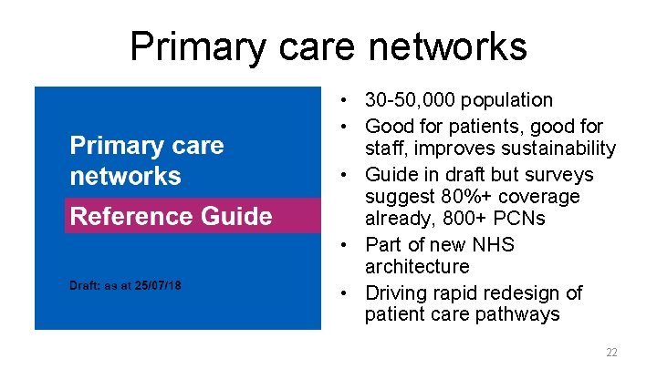 Primary care networks • 30 -50, 000 population • Good for patients, good for