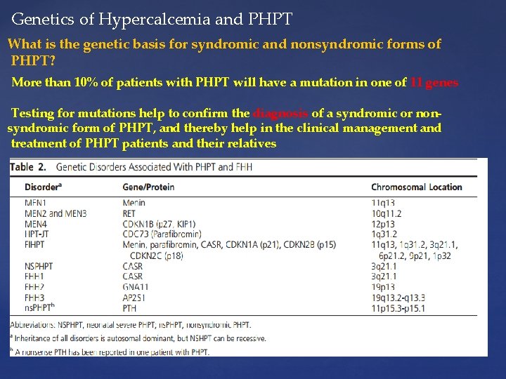 Genetics of Hypercalcemia and PHPT What is the genetic basis for syndromic and nonsyndromic