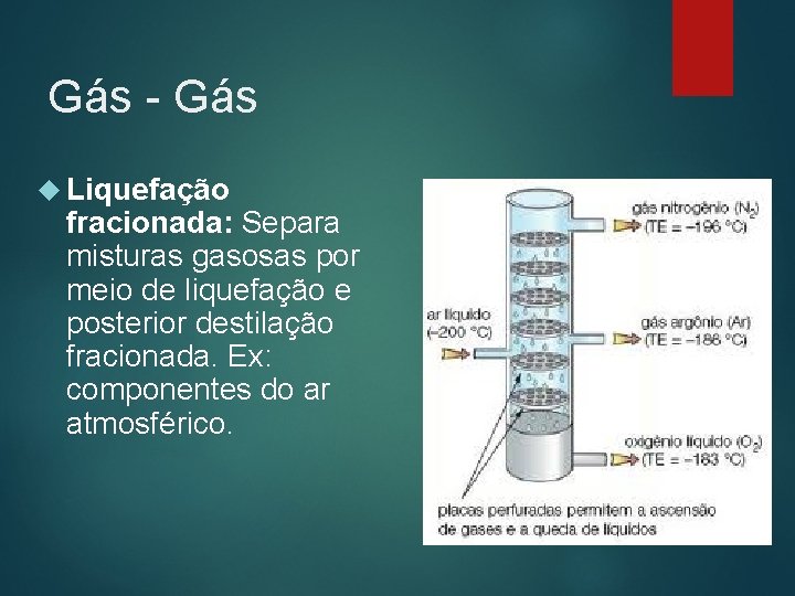 Gás - Gás Liquefação fracionada: Separa misturas gasosas por meio de liquefação e posterior