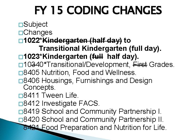 FY 15 CODING CHANGES � Subject � Changes � 1022*Kindergarten (half day) to Transitional