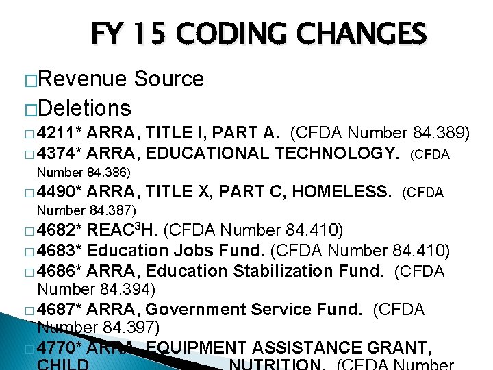 FY 15 CODING CHANGES �Revenue Source �Deletions � 4211* ARRA, TITLE I, PART A.