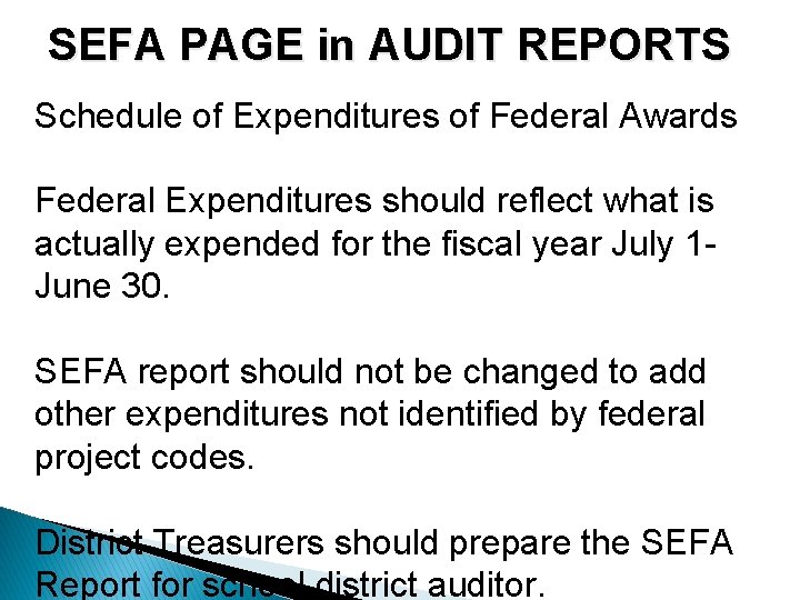 SEFA PAGE in AUDIT REPORTS Schedule of Expenditures of Federal Awards Federal Expenditures should
