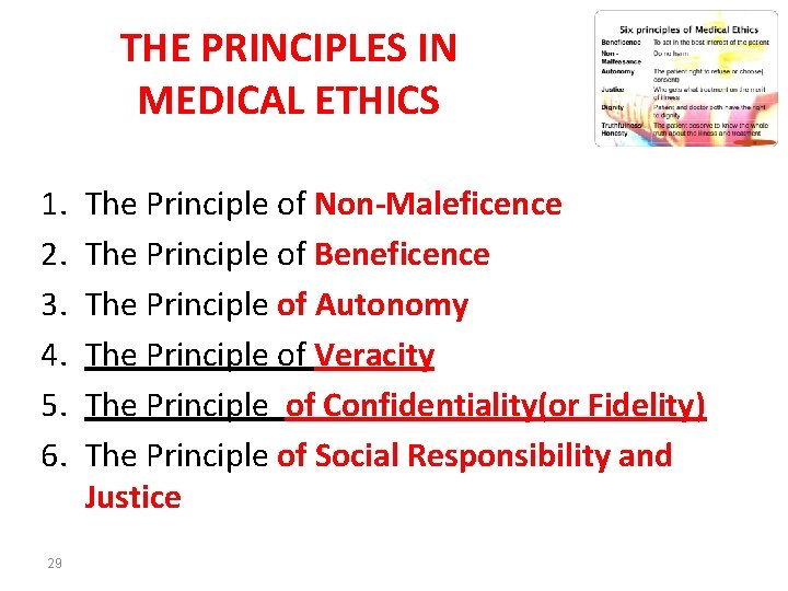 THE PRINCIPLES IN MEDICAL ETHICS 1. 2. 3. 4. 5. 6. 29 The Principle