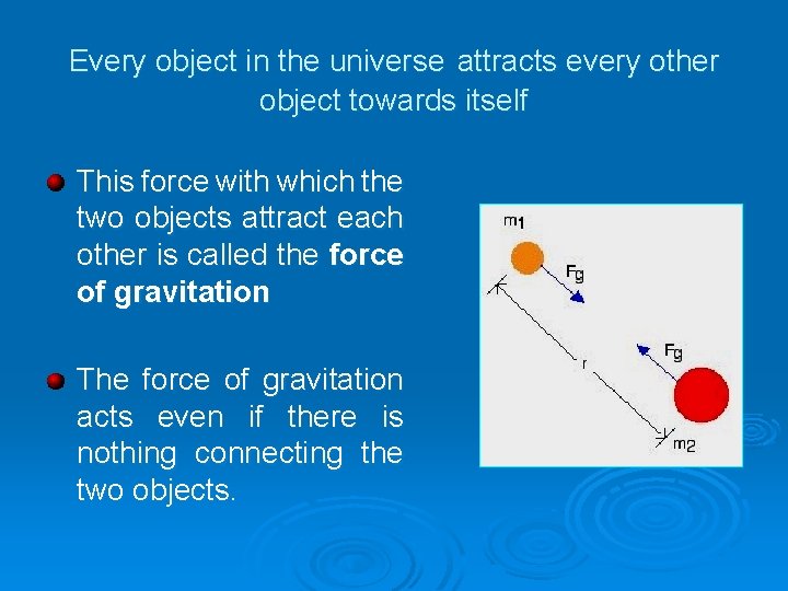 Every object in the universe attracts every other object towards itself This force with