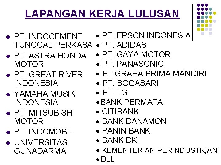 LAPANGAN KERJA LULUSAN l l l l PT. INDOCEMENT TUNGGAL PERKASA PT. ASTRA HONDA