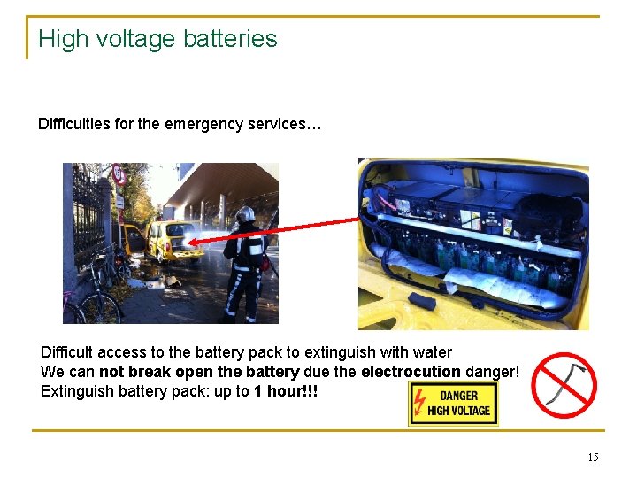 High voltage batteries Difficulties for the emergency services… Difficult access to the battery pack