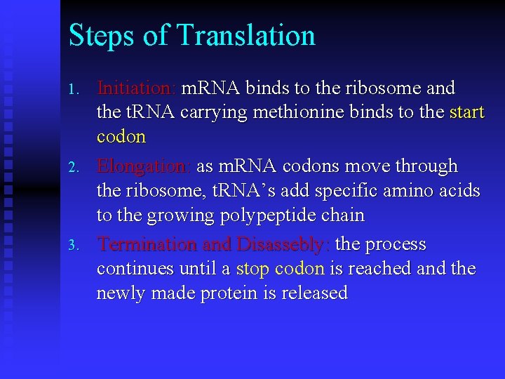 Steps of Translation 1. 2. 3. Initiation: m. RNA binds to the ribosome and Steps of Translation 1. 2. 3. Initiation: m. RNA binds to the ribosome and