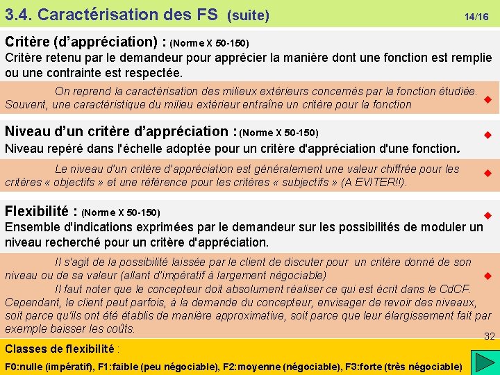 3. 4. Caractérisation des FS (suite) 14/16 Critère (d’appréciation) : (Norme X 50 -150)