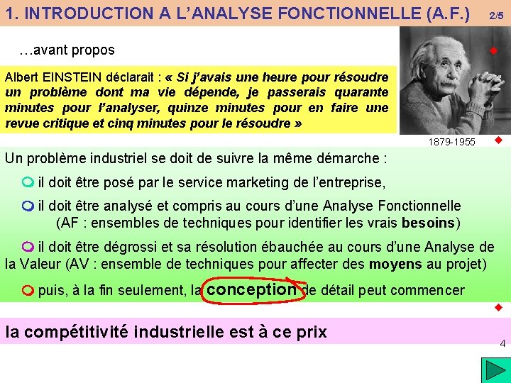 1. INTRODUCTION A L’ANALYSE FONCTIONNELLE (A. F. ) 2/5 …avant propos Albert EINSTEIN déclarait