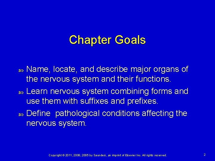 Chapter Goals Name, locate, and describe major organs of the nervous system and their