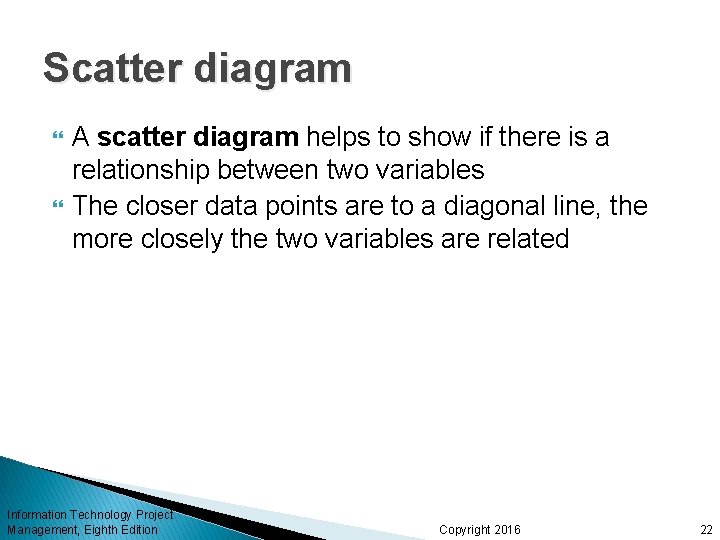 Scatter diagram A scatter diagram helps to show if there is a relationship between