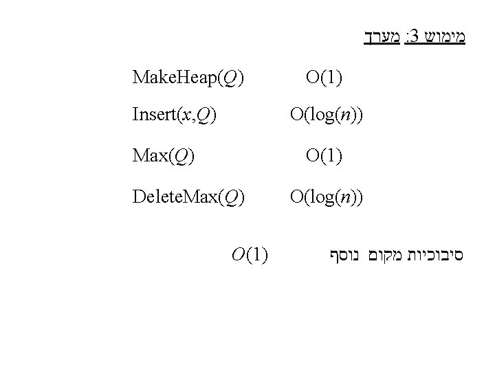  מערך : 3 מימוש Make. Heap(Q) Insert(x, Q) O(1) O(log(n)) Max(Q) O(1) Delete.