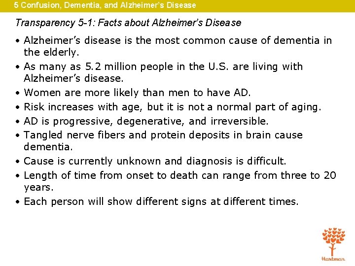 5 Confusion, Dementia, and Alzheimer’s Disease Transparency 5 -1: Facts about Alzheimer’s Disease •