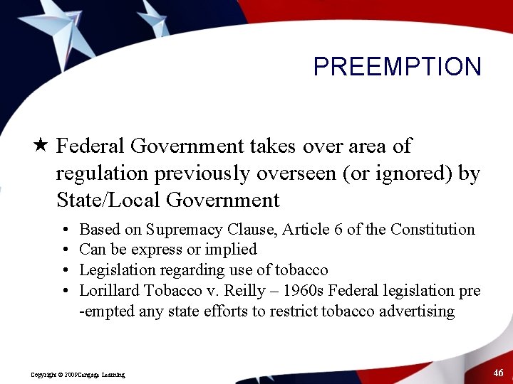 PREEMPTION « Federal Government takes over area of regulation previously overseen (or ignored) by