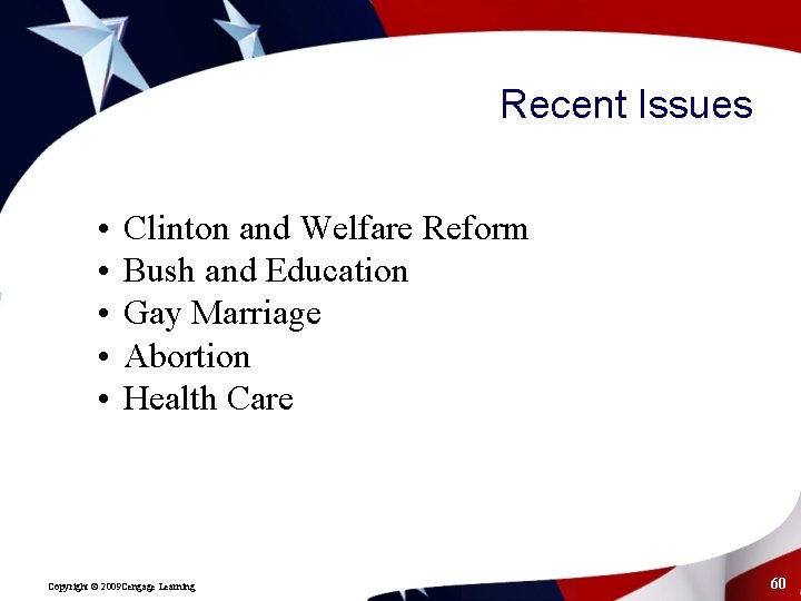 Recent Issues • • • Clinton and Welfare Reform Bush and Education Gay Marriage