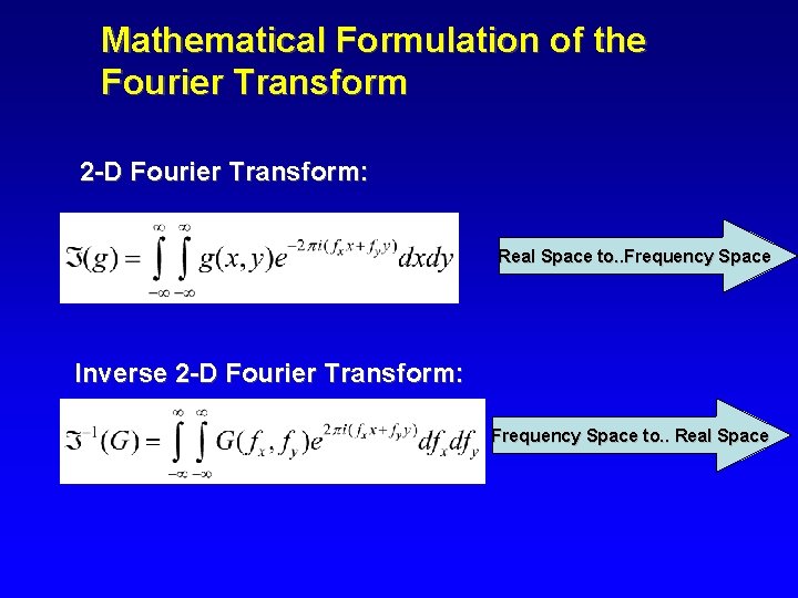 Mathematical Formulation of the Fourier Transform 2 -D Fourier Transform: Real Space to. .