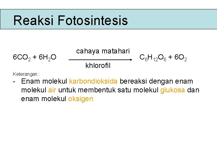 Reaksi Fotosintesis 6 CO 2 + 6 H 2 O cahaya matahari khlorofil C