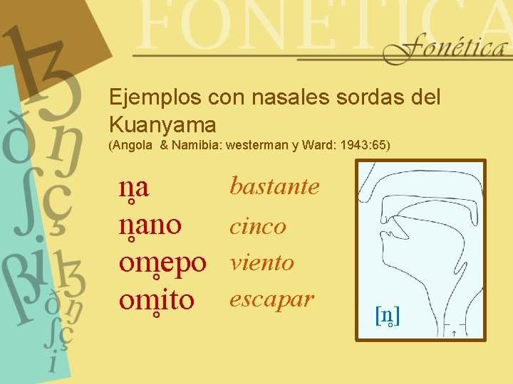 Ejemplos con nasales sordas del Kuanyama (Angola & Namibia: westerman y Ward: 1943: 65)