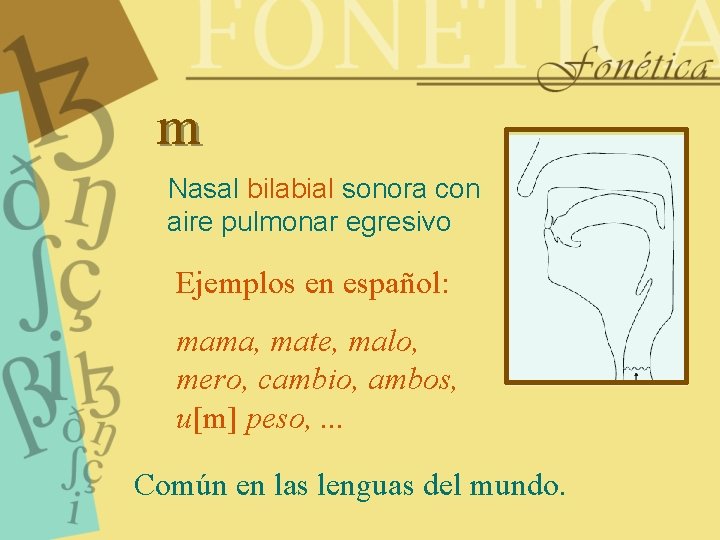 m Nasal bilabial sonora con aire pulmonar egresivo Ejemplos en español: mama, mate, malo,