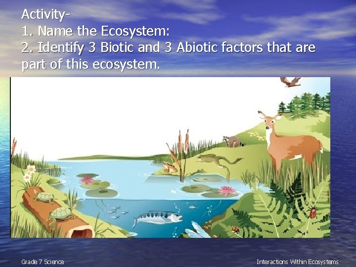 Activity 1. Name the Ecosystem: 2. Identify 3 Biotic and 3 Abiotic factors that