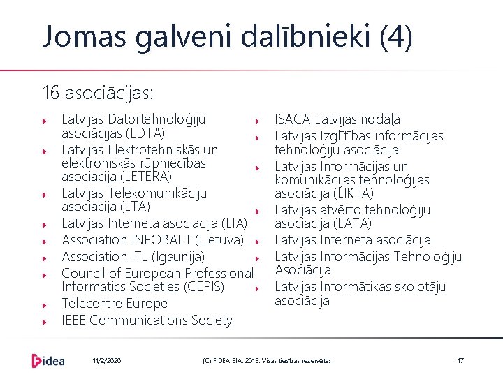 Jomas galveni dalībnieki (4) 16 asociācijas: Latvijas Datortehnoloģiju asociācijas (LDTA) Latvijas Elektrotehniskās un elektroniskās