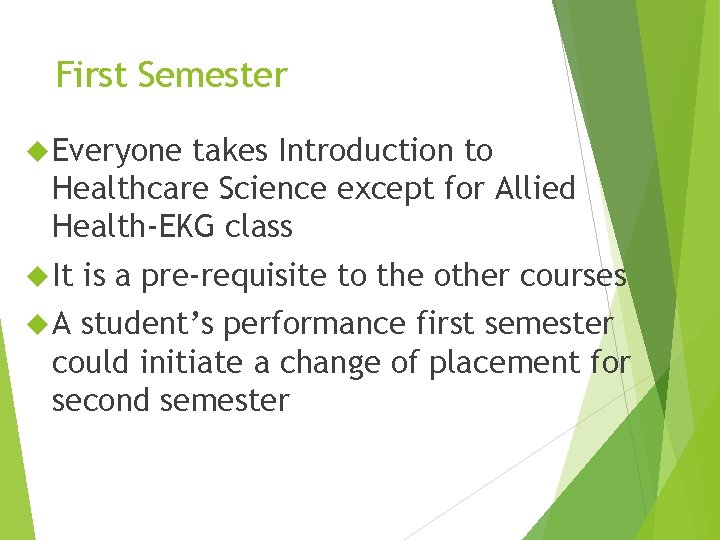 First Semester Everyone takes Introduction to Healthcare Science except for Allied Health-EKG class It