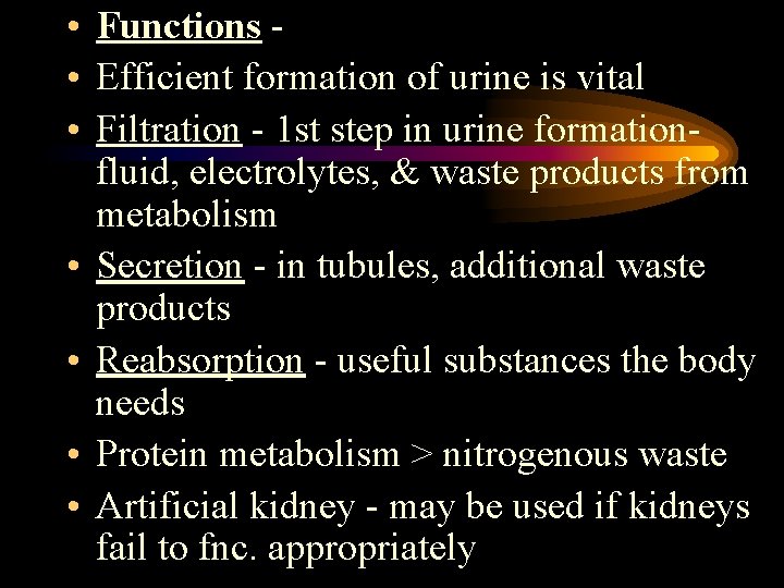  • Functions • Efficient formation of urine is vital • Filtration - 1