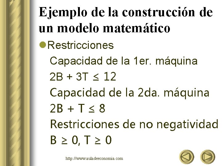 Ejemplo de la construcción de un modelo matemático l. Restricciones Capacidad de la 1