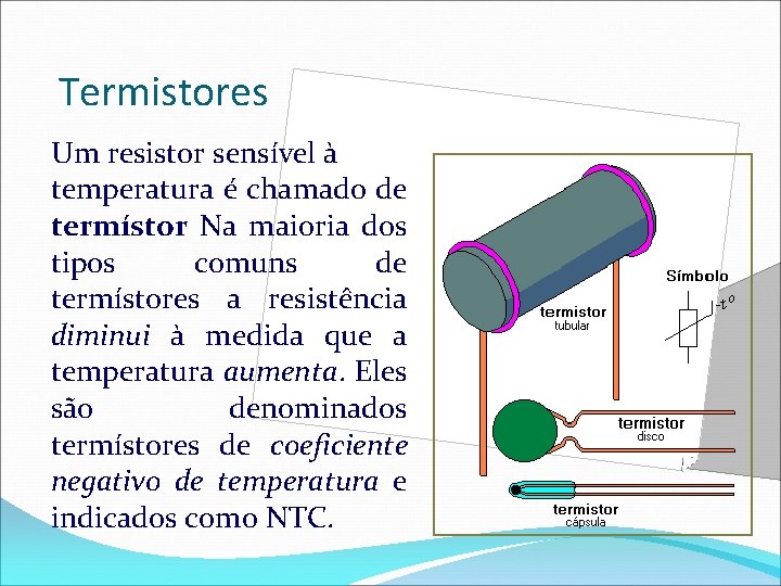 Termistores Um resistor sensível à temperatura é chamado de termístor Na maioria dos tipos