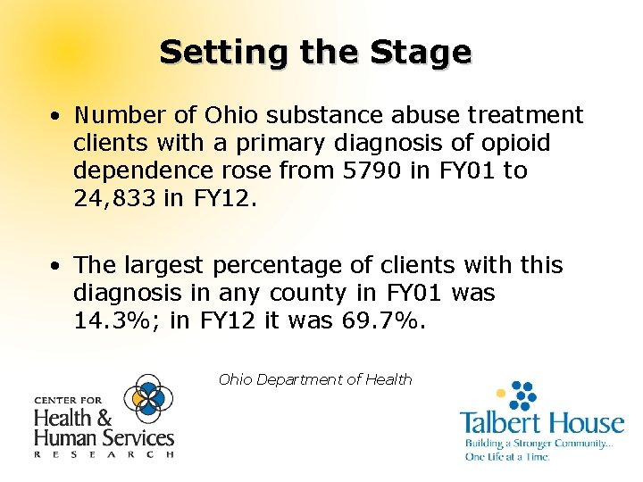 Setting the Stage • Number of Ohio substance abuse treatment clients with a primary
