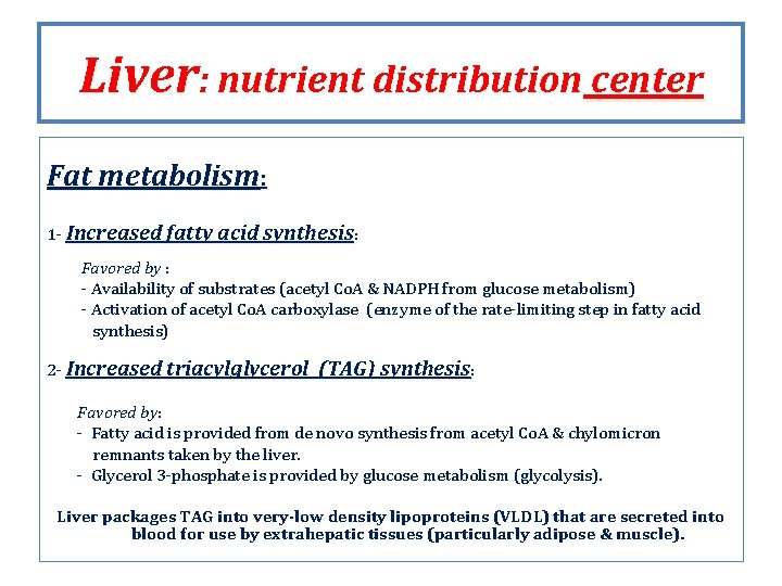 Liver: nutrient distribution center Fat metabolism: 1 - Increased fatty acid synthesis: Favored by Liver: nutrient distribution center Fat metabolism: 1 - Increased fatty acid synthesis: Favored by