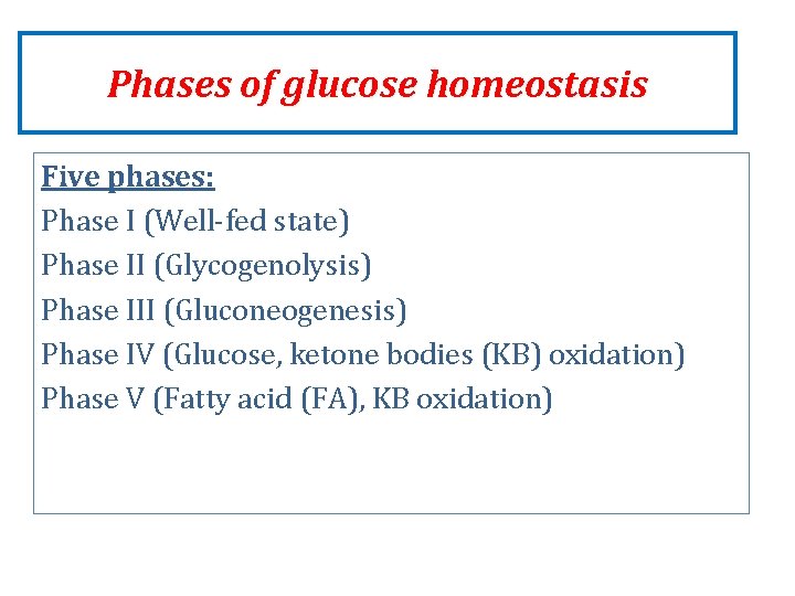Phases of glucose homeostasis Five phases: Phase I (Well-fed state) Phase II (Glycogenolysis) Phase Phases of glucose homeostasis Five phases: Phase I (Well-fed state) Phase II (Glycogenolysis) Phase