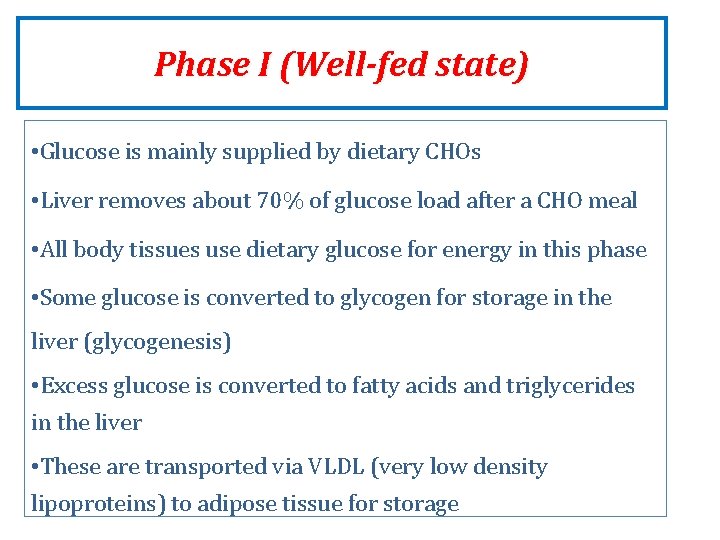Phase I (Well-fed state) • Glucose is mainly supplied by dietary CHOs • Liver Phase I (Well-fed state) • Glucose is mainly supplied by dietary CHOs • Liver