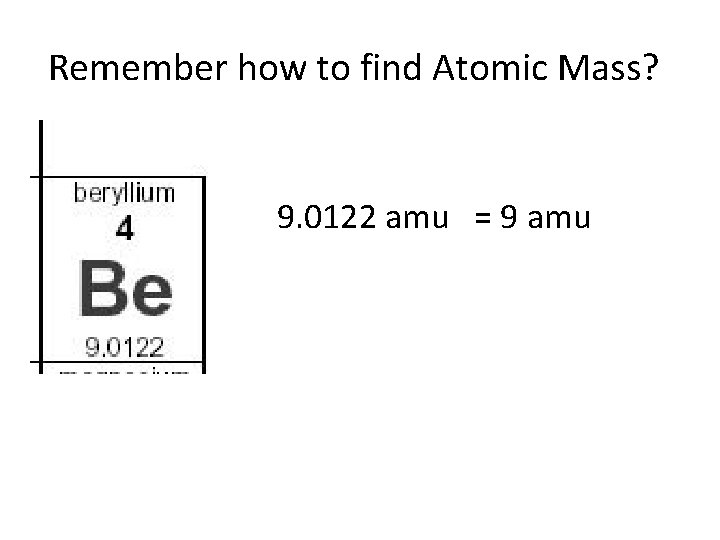Remember how to find Atomic Mass? 9. 0122 amu = 9 amu Remember how to find Atomic Mass? 9. 0122 amu = 9 amu