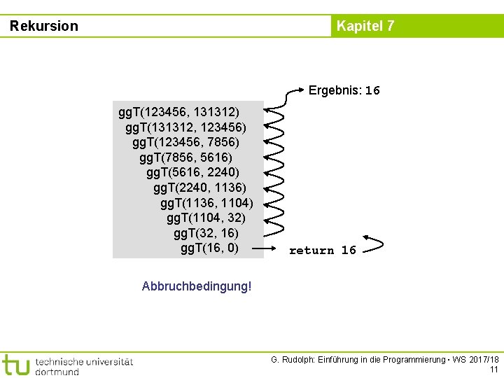 Rekursion Kapitel 7 Ergebnis: 16 gg. T(123456, 131312) gg. T(131312, 123456) gg. T(123456, 7856)