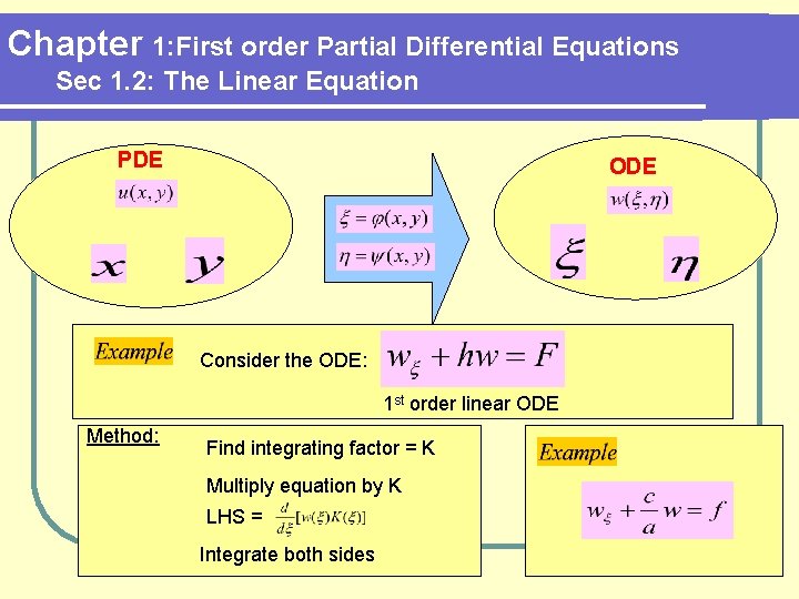 Chapter 1: First order Partial Differential Equations Sec 1. 2: The Linear Equation PDE