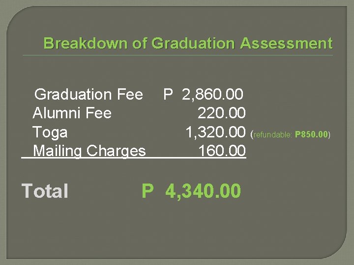 Breakdown of Graduation Assessment Graduation Fee Alumni Fee Toga Mailing Charges Total P 2,
