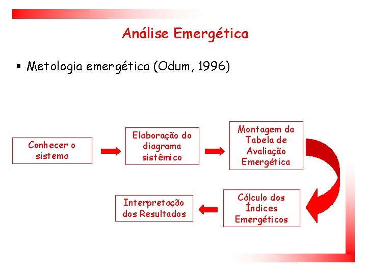 Análise Emergética § Metologia emergética (Odum, 1996) Conhecer o sistema Elaboração do diagrama sistêmico
