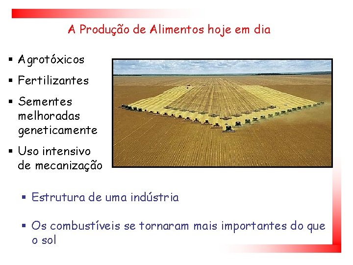 A Produção de Alimentos hoje em dia § Agrotóxicos § Fertilizantes § Sementes melhoradas