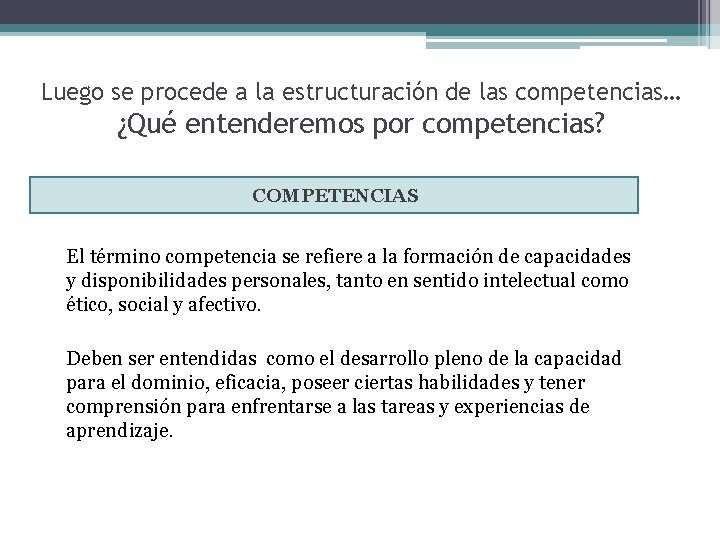 Luego se procede a la estructuración de las competencias… ¿Qué entenderemos por competencias? COMPETENCIAS Luego se procede a la estructuración de las competencias… ¿Qué entenderemos por competencias? COMPETENCIAS
