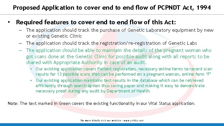 Proposed Application to cover end to end flow of PCPNDT Act, 1994 • Required Proposed Application to cover end to end flow of PCPNDT Act, 1994 • Required