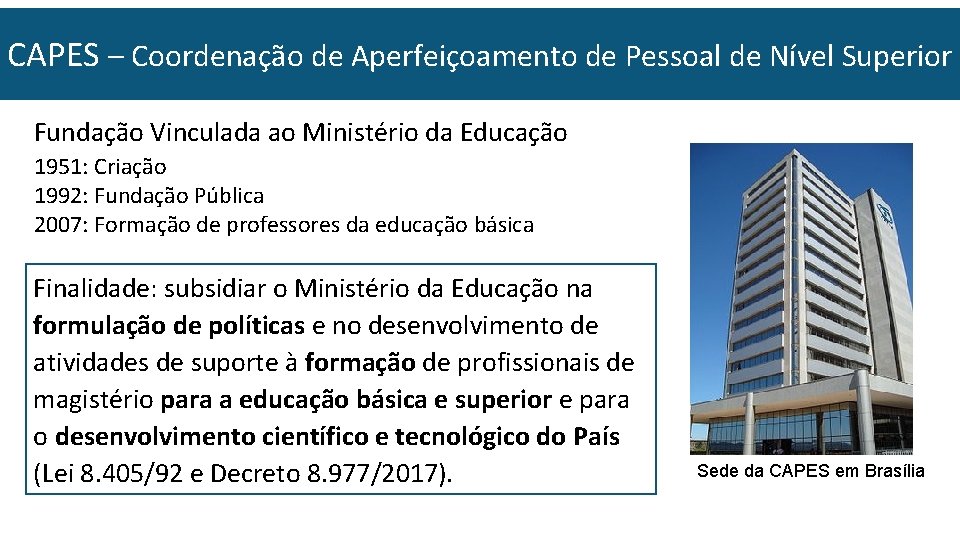 CAPES – Coordenação de Aperfeiçoamento de Pessoal de Nível Superior Fundação Vinculada ao Ministério