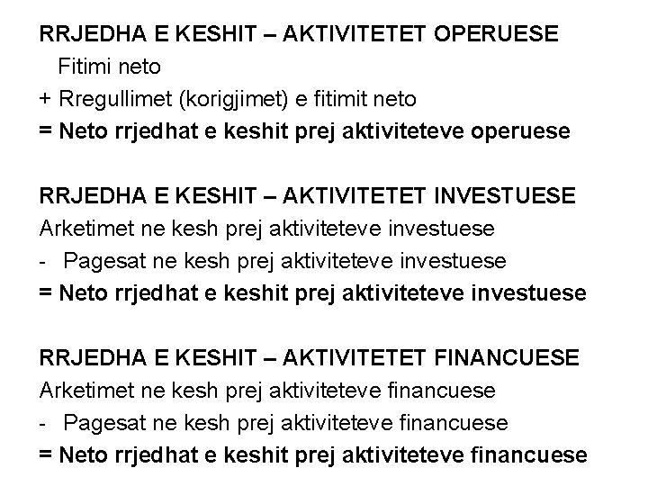 RRJEDHA E KESHIT – AKTIVITETET OPERUESE Fitimi neto + Rregullimet (korigjimet) e fitimit neto