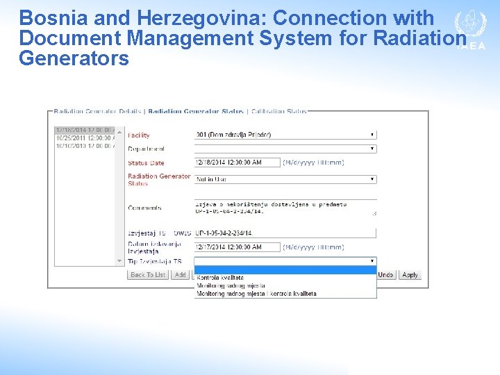 Bosnia and Herzegovina: Connection with Document Management System for Radiation Generators 